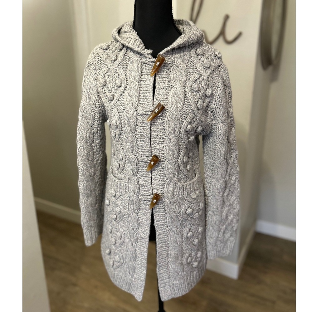 Chunky‎ Cable Knit Grey Hooded Long Cardigan Sweater Coat Toggle Buttons Boho